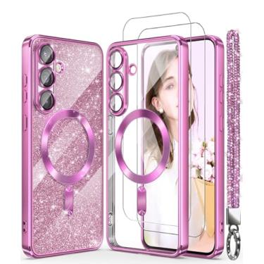 Imagem de DagoRoo Capa magnética para S26 Ultra + 2 películas protetoras de tela, borda dourada banhada de luxo [cartão de glitter e alça de pulso] Capa fina e macia de TPU TPU à prova de choque para S26 Ultra