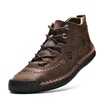 Imagem de alcubieree Bota masculina casual de couro Chukka no tornozelo, mocassim leve, cano médio, caminhada para dirigir, Marrom escuro, 42