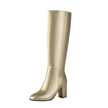 Imagem de Botas femininas casuais de salto alto com zíper lateral outono inverno moda botas de cano alto modernas, Dourado, 34