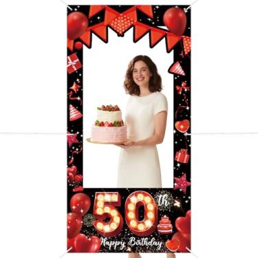 Imagem de Banner de aniversário de 50 anos balão de lantejoulas com glitter vermelho cenário para fotografia com brilho para festa de aniversário moldura rosto no buraco adereços de foto fundo de selfie recorte