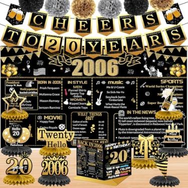 Imagem de Decorações de aniversário de 20 anos para ela, 18 peças de decoração de banner em ouro preto em 2006, pano de fundo de aniversário, faixa de 20 anos para filha e filho, cartão de aniversário, 6