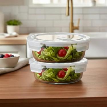Imagem de Kit 2 Pote Hermético 650 ml de Vidro Redondo com Tampa, Transparente com Travas Vedação em Silicone, conjunto Recipiente para Armazenamento de Alimentos, Freezer e Micro-ondas