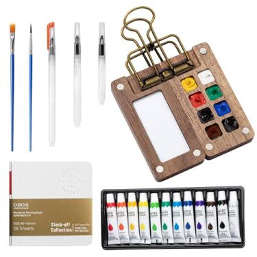 Imagem de JFBNXB Mini conjunto de viagem em aquarela, kit de aquarela portátil com 12 cores, caderno de esboços, pincéis e canetas, material de pintura compacto para estudantes de arte, amadores e artistas de