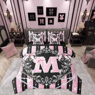 Imagem de Erosebridal Conjunto de cama solteiro com letra M, preto, rosa, alfabeto, laço e laço | Jogo de cama kawaii gótico com laço, lençol com glitter, para meninas