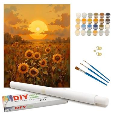 Imagem de Kit de pintura de campo de girassol por números para adultos – DIY pôr do sol sobre girassóis pintura em tela enrolada 40,6 x 50,8 cm, conjunto de tinta acrílica, adequado para iniciantes, arte floral