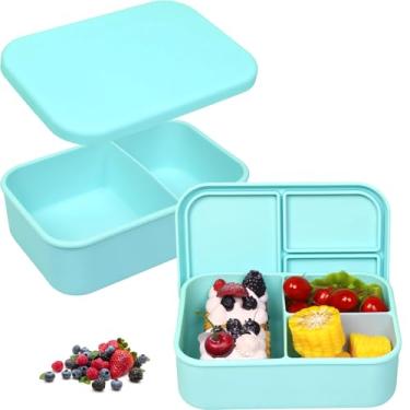 Imagem de FUSMYE Pacote com 2 lancheiras bento de silicone platinado com tampa, 1000 ml, 2 e 3 compartimentos à prova de vazamento, lancheira dividida para lanche para cozinha, acampamento, escritório, livre de