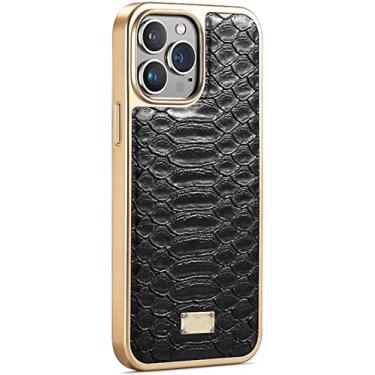 Imagem de MAALYA Capa de telefone traseira de couro PU, para Apple iPhone 14 Plus 2022 Padrão Python Capa à prova de choque com moldura dourada [Proteção de tela e câmera] (Cor: Preto)