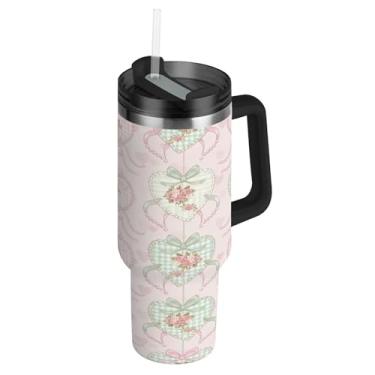Imagem de ATTX Copo de buquês de rosas de 1,134 g com alça, copo de aço inoxidável a vácuo de parede dupla com palha, caneca de café isolada para viagem #218