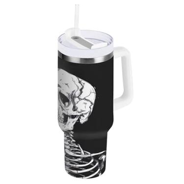 Imagem de SEHANY Copo Skull Gothic de 1,134 g com alça, copo isolado de aço inoxidável de parede dupla, à prova de vazamento, caneca de café isolada para viagem, cabe no suporte de copo de carro