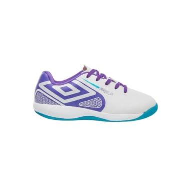 Imagem de Chuteira Umbro Futsal Pro 5 Jr Branco Roxo e Azul - Juvenil - 35 - Branco