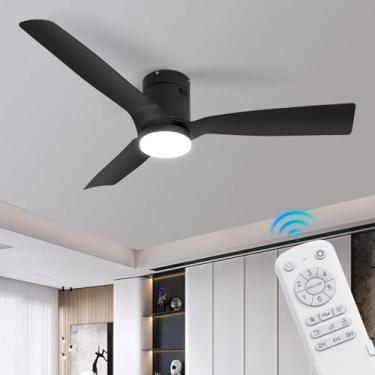 Imagem de Wozzio Ventilador de Teto Embutido Preto de 52", com Controle Remoto, Luz Led Regulável de 22 W, Motor Dc, 6 Velocidades, Reversível, Ventilador de Teto de Baixo Perfil Externo Interno com Função de M