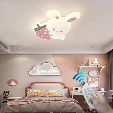 Imagem de Luminária de teto fofa em formato de coelho rosa, com LED dimerizável, ideal para quarto infantil, com controle remoto e cúpula de acrílico. Perfeita para cozinhas, ilhas e restaurantes.