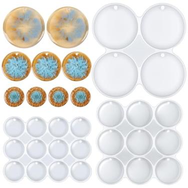 Imagem de Molde de silicone circular plano brilhante com furo conjunto de 25 cavidades de chaveiro redondo grande, médio e pequeno molde de silicone brincos redondos perfurados molde de pingente chaveiro de