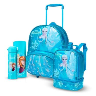 Imagem de Kit Escolar Elsa Frozen Mochila Rodinha Garrafa 480ml Lancheira Térmica Disney Infantil PréEscolar-Feminino