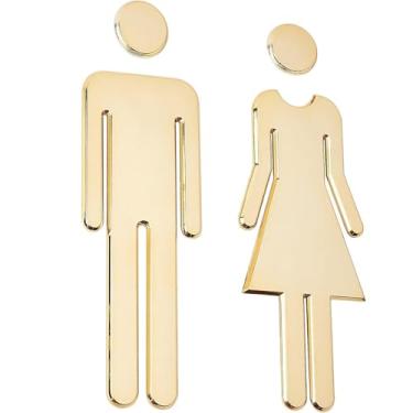 Imagem de Conjunto de sinalização para banheiro masculino feminino dourado escovado com parte traseira autoadesiva para decoração de restaurante e escritório
