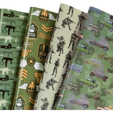 Imagem de WRAPAHOLIC Folha de papel de embrulho militar - 12 folhas dobradas - arma de camuflagem veículo militar 4 design para exército, veteranos e soldados - 40 cm x 70 cm por folha