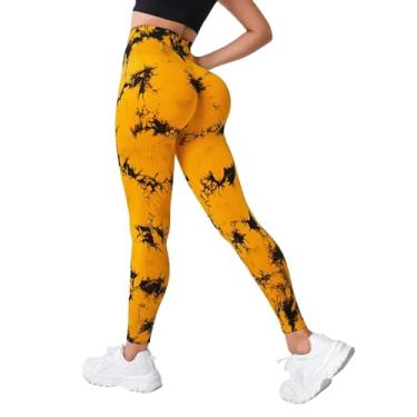 Imagem de tincolia Meia-calça feminina de ioga moderna tie dye, sem costura, alta elasticidade, controle de barriga, calça de corrida - laranja-G