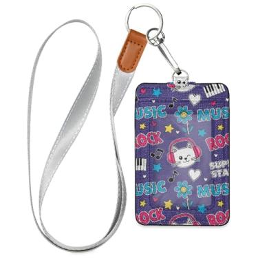 Imagem de Burbuja Porta-crachá de couro com cordão, etiqueta de identificação de gato rock com 1 janela transparente para identidade e 2 compartimentos para cartão para escritório, enfermeira, professor, médico