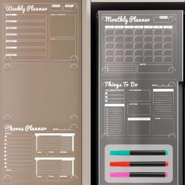 Imagem de Calendário transparente não magnético para geladeira, conjunto de calendário de acrílico apagável a seco com planejador mensal e semanal, agenda diária, tarefas e quadros em branco para armário, porta