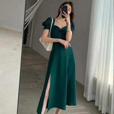 Imagem de Vestido Feminino Elegante Com Decote Em V, Manga Bufante, Fenda E Cint