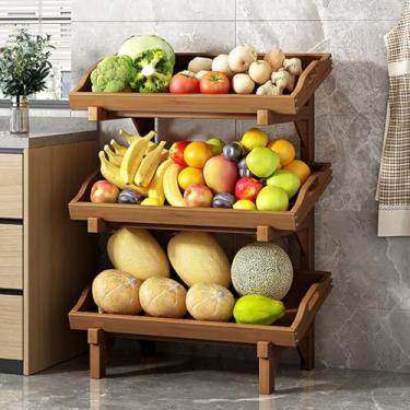 Imagem de Suporte de exibição de prateleira de lanche comercial, rack de armazenamento de frutas e vegetais de madeira de 3 camadas com guardrail, organizador de supermercado independente para casa, cozinha