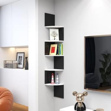 Imagem de Estante de canto de madeira montada na parede - Rack de armazenamento multicamadas para quarto, sala de estar, estudo, biblioteca - Prateleira de canto versátil para organização que economiza espaço
