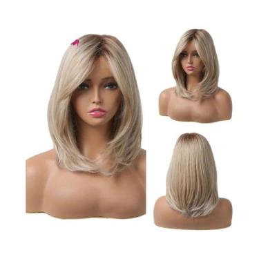 Imagem de Peruca Sintética Curta Lisa Branca Loira Cinza Com Franja Para Mulhere