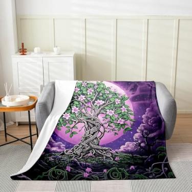 Imagem de Cobertor de flanela Tree of Life, cobertor de céu estrelado à noite da lua, galhos de árvores florais, plantas botânicas, mantas aconchegantes para cama, sofá, roxo, verde, macio e respirável, 102 x