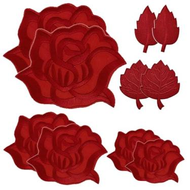 Imagem de Remendos de flores de rosa para reparo de roupas, remendo de folhas bordado, aplique costurado, aplique para jaqueta jeans, sapatos, decoração faça você mesmo, autoadesivo, 10 peças (vermelho)