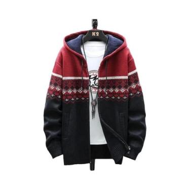 Imagem de Cardigã Masculino De Inverno Com Capuz Xadrez, Jaqueta De Lã Com Zíper