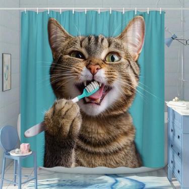 Imagem de Cortina de chuveiro Tabby Cat com escova de dentes 180x200cm poliéster