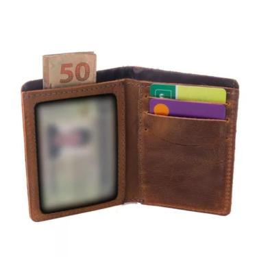 Imagem de Carteira Masculina Casual Slim Em Couro Para Cnh E Cartões Crazy Horse Caramelo