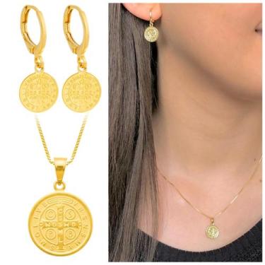 Imagem de Conjunto Feminino Ouro 18k São Bento Cruz Colar Banhado - Morganitte J