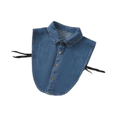 Imagem de Camisa Feminina Azul Jeans Lavado Com Gola Pontiaguda Casual Versátil 
