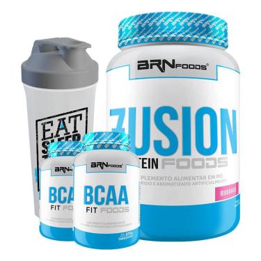 Imagem de Kit Fusion Protein 900g + BCAA 2400 100 caps + Premium BCAA 120 caps + CoqueteleiraBRNf...