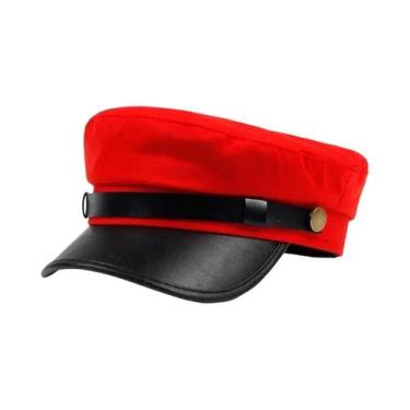 Imagem de Bonés Militares Unissex De Couro Com Topo Plano Para Mulheres, Chapéu 