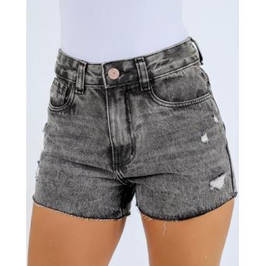 Imagem de Short Jeans Feminino Black Wash Cintura Alta Destroyed Barra Desfiada 