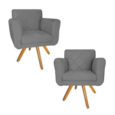 Imagem de Jogo 2 Poltrona Decorativa Base Giratória De Madeira Salão Isabella Suede Cinza - LM DECOR