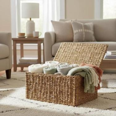 Imagem de Cesto Caixa Organizador Decorativo Grande Em Seagrass E Metal Com Tamp