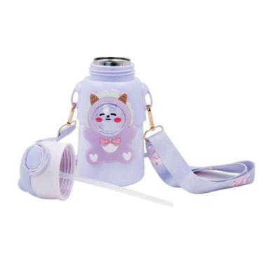Imagem de Garrafinha Com Canudo Squeeze Infantil Garrafa Bebe Térmica Alça Lilás