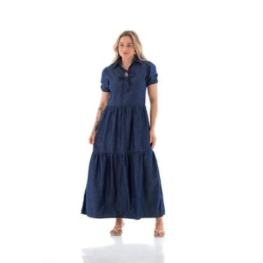 Imagem de Vestido Jeans Feminino Arauto Laço Longo Leve, Azul escuro, G2
