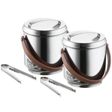 Imagem de Kit 2 Baldes de Gelo Térmico Inox 2,3l Alça em Couro Com Pegador e Con
