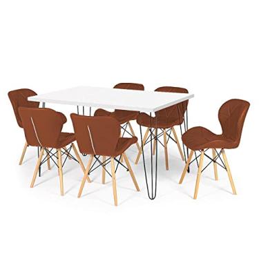 Imagem de Conjunto Mesa de Jantar Hairpin 130x80 Branca com 6 Cadeiras Eiffel Slim - Marrom