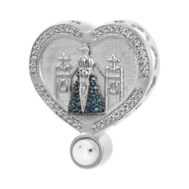 Imagem de Pingente Prata com Rodio Neo Crystal Coração NSra. Aparecida com Zircônias Brancas 28x24mm, com Oração