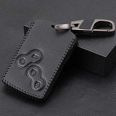 Imagem de CSHU 4 botões couro capa para carro chave capa chaveiro anel chave bolsa, apto para renault Clio Logan Megane 2 3 Koleos Scenic Card, linha preta