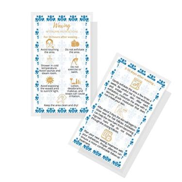 Imagem de Cartões de cuidados pós-depilação | Pacote com 50 | Tamanho 5 x 8,9 cm Tamanho do cartão de visita | Kit de cuidados de cera Cartões PMU | Instruções de cuidados pós-cuidados Flor azul com design dour