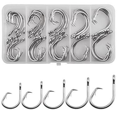 Imagem de Kit de ganchos circulares de atum, 45 peças de ganchos circulares em linha de aço inoxidável água salgada água doce grande fio de jogo haste curta ganchos de pesca equipamento