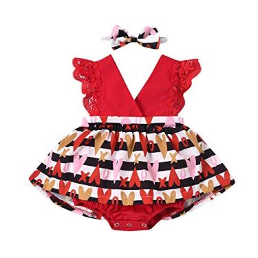 Imagem de Macacão para bebê menina roupas para o dia dos namorados verão babado decote em V body coração faixa para os namorados (vermelho, 0-6 meses)