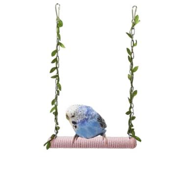 Imagem de Brinquedo de balanço de gaiola de pássaro para pendurar, poleiro de papagaio de madeira natural com corda de cânhamo colorida, poleiro de pássaro pendurado com suporte, brinquedos de pássaros pequenos de madeira, calopsita (rosa)