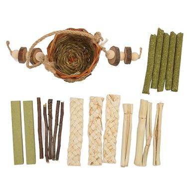 Imagem de AYNEFY Brinquedo de mastigar coelho, brinquedos para mastigar hamster, cesta de palha para pendurar em gaiola, brinquedo de pendurar alga marinha, palitos de madeira de maçã, brinquedos de mastigar ideais para coelho, chinchila, porquinhos da índia, dentes de hamsters